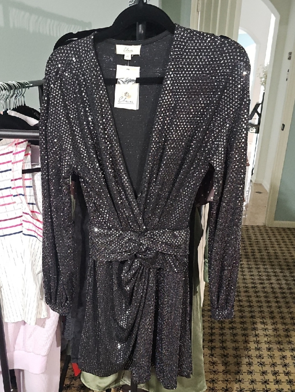 Elan Sparkle Wrap Mini Dress in Black Knee Length
